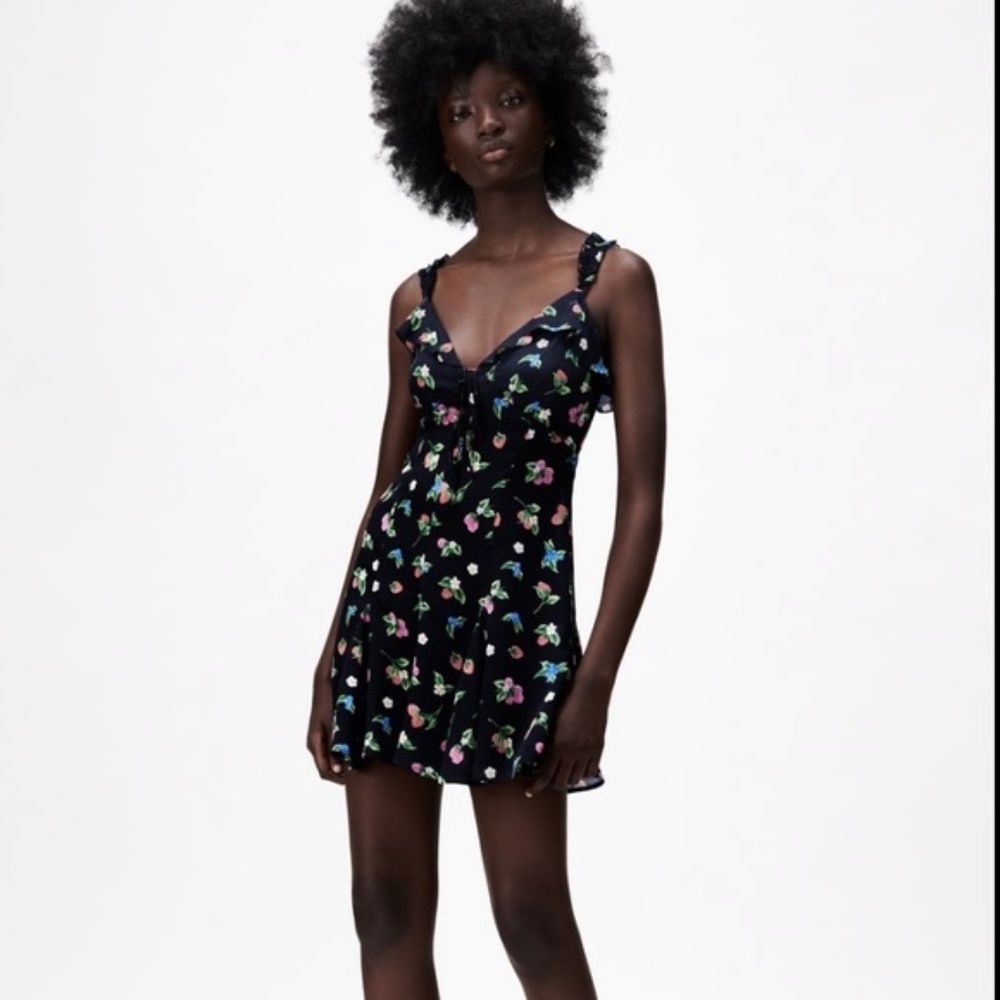 Zara Black Fruit Printed Mini Dress Size Large